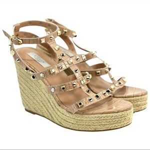 NWOB Steven by Steve Madden Scout Gold Studded Espadrille Wedge Sandals Nude - 9